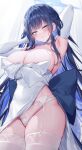  1girl armpits arms_up blue_archive blue_eyes blue_hair blue_halo blush breasts closed_mouth dress elbow_gloves garter_belt garter_straps gloves hair_ornament halo highres large_breasts long_hair looking_at_viewer official_alternate_costume panties saori_(blue_archive) saori_(dress)_(blue_archive) solo sora_72-iro thighhighs thighs underwear white_dress white_garter_belt white_garter_straps white_gloves white_panties white_thighhighs 