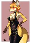 3_fingers anthro artist_name big_breasts black_clothing black_dress blonde_hair blush border braided_hair breasts canid canine chain chest_tuft cleavage clothed clothing collarbone countershade_fur countershading dipstick_ears dress female fingers fluffy fluffy_tail fox foxgirl_(glin720) fur glin720 glint gold_(metal) gold_chain hair hand_on_hip hi_res hip_cutout inner_ear_fluff leg_markings looking_away mammal markings multicolored_ears navel_outline portrait red_eyes signature simple_background socks_(marking) solo straps tail text three-quarter_portrait tuft white_body white_border white_fur yellow_body yellow_fur