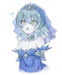  1girl bare_shoulders blue_dress breasts colored_tongue dress duel_monster green_eyes grey_hair hayupipipipi medium_hair purple_tongue sleeves_past_wrists small_breasts solo tearlaments_merrli tiara tongue tongue_out upper_body veil white_background yu-gi-oh! 