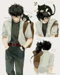  ! !! 1boy absurdres amamiya_ren animal_on_head bag belt black_pants black_shirt buckle cat cat_on_head collared_shirt denim grid_background hands_in_pockets highres jeans male_focus multiple_views notice_lines on_head open_clothes open_shirt pants persona persona_5 red_belt saamyo355 shirt short_sleeves simple_background tote_bag twitter_username watch white_background white_shirt wristwatch 
