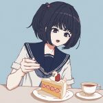  1girl :d amemori_sayo arm_at_side black_eyes black_hair blue_background blue_sailor_collar cake commentary_request cup drink food fork fruit grey_neckerchief highres holding holding_fork looking_down neckerchief nijisanji nkymyura open_mouth plate sailor_collar saucer school_uniform shirt short_hair short_sleeves sidelocks simple_background smile solo strawberry strawberry_shortcake table tea teacup virtual_youtuber white_shirt 