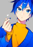  1boy absurdres blue_eyes blue_hair blue_nails blue_sweater cardigan commentary_request grey_background hair_between_eyes hand_up heart highres kaito_(vocaloid) looking_up male_focus o3o open_cardigan open_clothes shio_ice shirt short_hair simple_background snapping_fingers sweater turtleneck upper_body vocaloid yellow_shirt 