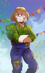 2023 absurd_res anthro banner bear blue_overalls blush clothed clothed_anthro clothed_male clothing cucurucho_(qsmp) detailed_background digital_drawing_(artwork) digital_media_(artwork) fur green_clothing green_shirt green_topwear grin hair hat headgear headwear hi_res male male_anthro mammal mask meku95 overalls patch_(fabric) pink_nose qsmp shaded shirt smile solo topwear watermark white_body white_fur white_hair