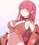  1girl a-ka blush breasts covered_navel hair_down heterochromia highres hololive houshou_marine jacket large_breasts long_hair looking_at_viewer parted_lips red_eyes red_hair red_jacket solo virtual_youtuber yellow_eyes 