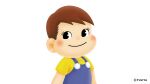  1boy blue_overalls blush brown_hair eyelashes fujiya highres non-web_source original overalls poko-chan shirt short_hair smile spiked_hair yellow_shirt 