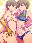  ass breastless_clothes breasts brown_hair dark_persona dual_persona elbow_gloves em gloves halterneck multiple_girls nipples persona persona_4 purple_eyes satonaka_chie short_hair small_breasts thighhighs yellow_eyes 