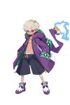  1boy black_shorts blue_fire dark_persona demon_boy disgaea disgaea_rpg emizel_(disgaea) emizel_(emizel_xeno) fire full_body hands_in_pockets harada_takehito hood hoodie looking_at_viewer official_art pointy_ears purple_hoodie red_eyes shoes shorts transparent_background white_hair 