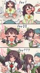  1boy 1girl absurdres black_wings bloomers blue_hair bow brown_hair carrying commentary_request egg food green_bow green_shirt hair_bow highres long_hair meat princess_carry red_eyes reiuji_utsuho shirt short_hair short_sleeves third_eye touhou white_shirt wings yoshiyuki_(14330975) 