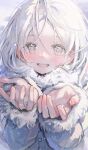  1girl :d absurdres blush buttons close-up coat dot_nose fur-trimmed_coat fur_trim grey_hair highres kumagai_yuka looking_at_viewer open_hands original outstretched_arms parted_bangs short_hair smile snow snowing solo upper_body white_coat white_hair 