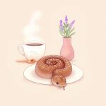  artist_name brown_background cinnamon_roll coffee coffee_cup commentary cup disposable_cup english_commentary flower foodification ida_(floofyfluff) no_humans original plant plate potted_plant purple_flower snake spoon 