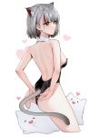  1girl absurdres animal_ears ass backless_leotard bare_legs black_leotard breasts cat cat_ears cat_girl cat_tail cropped_legs detached_collar from_behind grey_hair heart highleg highleg_leotard highres leotard looking_at_viewer looking_back median_furrow multicolored_hair neneko_mashiro picter red_eyes red_hair short_hair sideboob simple_background small_breasts solo stellive strapless strapless_leotard streaked_hair tail virtual_youtuber white_background 