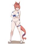  1girl alternate_costume animal_ears antenna_hair bare_shoulders bikini blush breasts cleavage collarbone commentary_request daiwa_scarlet_(umamusume) flying_sweatdrops full_body hair_bun hair_intakes highres horse_ears horse_girl horse_tail keycccat large_breasts navel red_eyes red_hair sandals short_hair side-tie_bikini_bottom simple_background solo swimsuit tail thigh_strap umamusume white_background white_bikini 