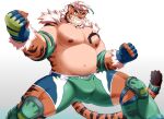  1boy ahoge animal_ears bara beard belly blue_eyes blush bulge clenched_hands facial_hair feet_out_of_frame forked_eyebrows full_beard furry furry_male grin hazama_jin hombre_tigre_(housamo) large_pectorals looking_at_viewer male_focus muscular muscular_male navel nipples pectorals plump short_hair smile solo spread_legs standing stomach strongman_waist thick_beard thick_eyebrows thick_thighs thighs tiger_boy tiger_ears tokyo_afterschool_summoners topless_male white_hair wrestling_outfit 