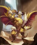 abs anthro biceps biped claws cygames detailed_background dragalia_lost dragon flexing golden_body hi_res horn kusunagi looking_at_viewer majestic male muscular muscular_male mythological_creature mythological_scalie mythology nintendo pecs raised_arm scalie solo spread_wings standing tail thor_(dragalia_lost) triceps valley wings yellow_body