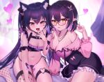  2girls :d absurdres alternate_costume animal_ear_fluff animal_ears ayane_(blue_archive) bare_shoulders black_bra black_hair black_nails black_panties blue_archive blush bow bra breasts cat_ears cat_girl choker cleavage clothing_cutout fang fingernails fishnet_thighhighs fishnets frills glasses hair_ornament heart heart_hair_ornament highres jewelry large_breasts lingerie long_hair long_sleeves looking_at_viewer multiple_girls navel necklace off-shoulder_shirt off_shoulder open_mouth panties paw_print pomegranate_nana red_eyes ribbon saliva saliva_trail serika_(blue_archive) sharp_fingernails shirt single_thighhigh sitting smile thigh_strap thighhighs twintails underwear underwear_only very_long_hair yellow_eyes 