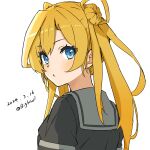  1girl absurdres abukuma_(kancolle) abukuma_kai_ni_(kancolle) bigkwl black_jacket blonde_hair blue_eyes dated double_bun grey_sailor_collar hair_bun hair_rings highres jacket kantai_collection long_hair looking_at_viewer looking_back one-hour_drawing_challenge sailor_collar school_uniform serafuku simple_background solo twintails twitter_username white_background 