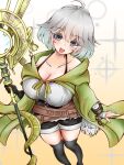  1girl ahoge black_katekin blush breasts cleavage duel_monster green_robe grey_eyes holding holding_staff large_breasts looking_at_viewer lyna_(yu-gi-oh!) lyna_the_light_charmer open_mouth robe short_hair shorts smile solo staff thighhighs white_hair yu-gi-oh! 