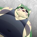 1:1 anthro belly blush canid canine canis clothing domestic_dog eyebrows fur green_body green_fur lifewonders live_a_hero low-angle_view male mammal mohumo_hund mokdai musclegut muscular nipples pec_pov_meme pecs shirt solo tank_top thick_eyebrows topwear