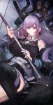  1girl absurdres against_wall arknights arrow_(projectile) bare_shoulders belt black_dress black_thighhighs breasts cleavage_cutout clothing_cutout commentary detached_sleeves dress feet_out_of_frame glaring highres holding holding_arrow honey horns huge_breasts long_hair looking_at_viewer multiple_belts purple_eyes purple_hair single_thighhigh solo talz thighhighs typhon_(arknights) 