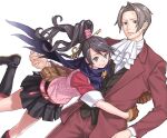  1boy 1girl ace_attorney ace_attorney_investigations annoyed ascot belt black_hair blue_scarf boots buttons closed_mouth curtained_hair formal gloves green_eyes grey_hair hair_ornament high_ponytail hug ito_fumi jacket karakusa_(pattern) kay_faraday key key_hair_ornament long_hair long_sleeves miles_edgeworth miniskirt open_mouth pants parted_bangs pleated_skirt ponytail red_jacket red_suit scarf shirt short_hair simple_background skirt smile suit sweatdrop vest white_ascot white_background 