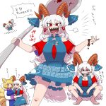  alternate_breast_size alternate_hairstyle alternate_height animal_ears breasts cleavage fox_ears fox_tail holding_utensil horns kasugai_(de-tteiu) large_breasts long_hair multiple_tails pointy_ears sharp_teeth tail teeth touhou toutetsu_yuuma translation_request utensil_in_mouth yakumo_ran yuri 