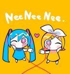  2girls aimaina bare_arms bare_legs blonde_hair blue_dress blue_hair bow bright_pupils chibi cup dress hair_bow hair_ornament hairclip hand_on_own_cheek hand_on_own_face hatsune_miku heart holding holding_cup kagamine_rin long_hair looking_at_viewer marking_on_cheek medium_hair multiple_girls nee_nee_nee._(vocaloid) one_eye_closed pale_skin pink_eyes romaji_text short_dress simple_background sleeveless sleeveless_dress slit_pupils song_name string string_of_fate string_phone terada_tera twintails very_long_hair vocaloid white_bow white_pupils yellow_background yellow_dress 