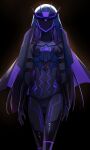  1girl absurdres black_background black_gloves black_panties black_thighhighs bodystocking covered_navel facing_viewer genderswap genderswap_(mtf) gloves highres hood hood_up humanization idzuki_kenkyu-in long_hair mask panties purple_hair solo soundwave_(transformers) thighhighs transformers transformers_prime underwear v-fin very_long_hair 