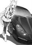  1girl blue_archive blush boots car closed_mouth collared_shirt greyscale high_heel_boots high_heels highres jacket jun_project long_hair long_sleeves monochrome motor_vehicle necktie noa_(blue_archive) pantyhose pleated_skirt shirt simple_background skirt smile solo white_background 