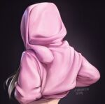  1girl absurdres artist_name black_background blonde_hair clothes_lift dated facing_away from_behind highres hood hood_up hoodie hoodie_lift kopianget lifted_by_self long_hair original pink_hoodie simple_background solo upper_body 