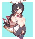  1girl :d bangs_pinned_back black_hair blue_background blue_eyes blush border bow bow_hairband breasts cleavage detached_collar full_body hair_ornament hairband hairpin hugging_own_legs jacket knees_to_chest long_bangs long_hair long_sleeves looking_at_viewer low_twintails medium_breasts nijisanji off_shoulder open_mouth outside_border shirt sidelocks simple_background sleeveless sleeveless_shirt smile solo sou_(tuhut) tsukino_mito twintails virtual_youtuber white_border white_bow white_hairband white_jacket white_shirt 