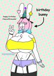 alfonzo_poopypants anthro backwards_hat bell bell_collar big_breasts birthday blep bottomwear bracelet breasts bulge checkered_background chest_tuft clothing collar crop_top crotch_tuft eyelashes garter_straps gesture gynomorph hair hand_gesture hat hat_on_hat headgear headwear hi_res hotpants huge_breasts inner_ear_fluff intersex jewelry lagomorph legwear leporid male male_(lore) mammal multicolored_eyes multicolored_hair nipple_outline party_hat pattern_background pb_(theycallhimcake) rabbit shirt shorts simple_background solo thigh_highs tongue tongue_out topwear tuft two_tone_eyes two_tone_hair under_boob v_sign watermark white_body