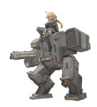  1girl absurdres ahoge belt bike_shorts blonde_hair blue_eyes boots braid breasts cannon dress english_commentary full_body gatling_gun grey_dress helldivers_(series) highres indie_virtual_youtuber long_hair looking_at_viewer mecha medium_breasts minigun missile missile_pod open_mouth robot science_fiction simple_background sitting smile solo thigh_boots v very_long_hair walker_(robot) whiskey_project white_background xerbatt 