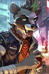 absurd_res anthro bandanna cyberpunk fangs hi_res kerchief male mammal night procyon_(redsummer) procyonid raccoon redsummer solo teeth tongue tongue_out