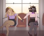 absurd_res anthro black_hair bottomwear bovid brown_body brown_hair caprine clothing crossed_legs duo ear_piercing footwear fur girly goat hair hand_holding hi_res jakethegoat jakethegoat_(character) male male/male mammal piercing shoes sitting skirt thick_thighs