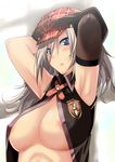  alisa_ilinichina_amiella areola_slip areolae armpits blue_eyes breasts cleavage covered_nipples god_eater god_eater_burst huge_breasts long_hair nipples solo utamaro white_hair 