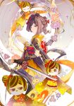  1girl black_gloves brown_hair chiori_(genshin_impact) feet_out_of_frame from_side genshin_impact gloves hair_ornament hair_stick highres holding holding_sword holding_weapon japanese_clothes kimono magic red_eyes solo standing sword u37777123 wakizashi weapon yellow_kimono 