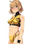  1girl ahoge alternate_costume bandaid bandaid_on_face bikini breasts brown_eyes brown_hair chirashi_(so) hair_between_eyes highres kantai_collection navel oboro_(kancolle) short_hair simple_background small_breasts solo swimsuit tankini white_background yellow_bikini 