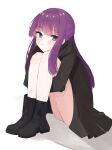  1girl absurdres bare_legs black_coat black_footwear black_robe blunt_bangs blush boots coat fern_(sousou_no_frieren) full_body highres hugging_own_legs kari_(pixiv_62996490) knees_up long_hair long_sleeves looking_at_viewer pout purple_eyes purple_hair robe sidelocks simple_background sitting solo sousou_no_frieren straight_hair white_background 