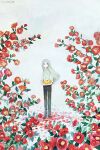  1girl absurdres black_footwear black_pants cake collared_shirt flower food grey_hair highres holding holding_plate leaf long_hair long_sleeves looking_at_viewer non_na original pants petals plate red_eyes red_flower shirt signature solo standing white_shirt 