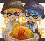  2boys :d apron black_border black_headwear blonde_hair blue_apron blue_hair border food green_eyes happy_birthday hat holding holding_plate hwtr_06 inkling inkling_boy inkling_player_character ketchup letterboxed looking_at_viewer male_focus multiple_boys omelet omurice one_eye_closed open_mouth outside_border plate pointy_ears purple_headwear red_eyes short_hair simple_background smile splatoon_(series) teeth tentacle_hair upper_body upper_teeth_only white_background yellow_apron 