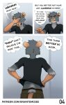 annoyed anthro bottomwear buckteeth clothed clothing comic dialogue fully_clothed fur furgonomics granitemcgee grey_body grey_fur hi_res male mammal murid murine rat rear_view rodent shirt shorts solo speech_bubble t-shirt teeth topwear undressing whiskers