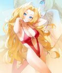 1girl absurdres big_hair blonde_hair blue_eyes breasts character_request cleats hair_flip hair_tuft head_tilt highres hymin long_hair medium_breasts narrow_waist navel one-piece_swimsuit original plunging_neckline red_one-piece_swimsuit revealing_clothes solo spaghetti_strap swimsuit very_long_hair zoom_layer 