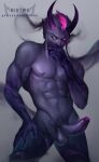 abs balls biceps big_balls big_muscles big_penis covering covering_mouth covering_own_mouth covering_self demon erection evelynn_(lol) genitals heterochromia hi_res horn league_of_legends male mintwo muscular muscular_male nude pecs penis pink_eyes pinup pose purple_body purple_penis purple_skin riot_games saggy_balls solo thick_penis thick_thighs yellow_eyes