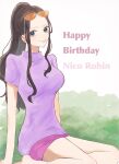  1girl black_hair blue_eyes character_name happy_birthday high_ponytail highres looking_at_viewer millpi01 nico_robin on_grass one_piece pink_shorts ponytail purple_shirt shirt short_sleeves shorts sidelocks sitting smile solo sunglasses turtleneck_shirt 
