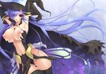  arms_up breasts fatima_(luminous_arc) gloves hair_over_one_eye hat huge_breasts jewelry long_hair luminous_arc luminous_arc_2 nakano_sora navel nipples purple_eyes purple_hair solo thighhighs witch witch_hat 