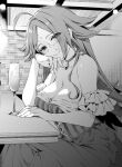  1girl ahoge alternate_costume blush breasts champagne_flute choker cleavage closed_mouth cup dress drinking_glass fate/grand_order fate_(series) francis_drake_(fate) frills greyscale hanabana_tsubomi head_rest highres indoors large_breasts long_hair looking_at_viewer monochrome off-shoulder_dress off_shoulder parted_bangs scar scar_on_face smile solo striped_clothes table 