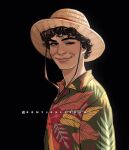  1boy alternate_costume artist_name black_background black_hair closed_mouth commentary curly_hair hat male_focus mole mole_on_cheek monkey_d._luffy one_eye_closed one_piece one_piece_(live_action) romy_jones_(romyjonesdraws) short_hair simple_background smile solo straw_hat 