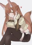  1girl animal_ear_fluff animal_ears arknights artist_name black_pantyhose blunt_bangs blush breasts brown_eyes brown_hair brown_shirt buckle chest_strap closed_mouth collared_jacket commentary_request cropped_jacket crossed_legs feet_out_of_frame fox_ears fox_girl fox_tail franka_(arknights) franka_(rainforest_me_rainbow)_(arknights) from_side half-closed_eyes half_updo hand_on_own_cheek hand_on_own_face hand_on_own_thigh head_tilt highres jacket large_breasts leather_strap long_hair long_sleeves looking_at_viewer naughty_face official_alternate_costume pantyhose parted_bangs shirt short_shorts short_sleeves shorts sidelocks simple_background smile solo tail tsuyuki_yuki twitter_username watermark white_background yellow_jacket 