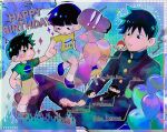  ! !! 5boys alternate_costume balloon bent_spoon black_eyes black_hair black_pants blonde_hair chibi child closed_mouth commentary_request ekubo_(mob_psycho_100) fire gakuran grid_background happy_birthday highres holding_hands kageyama_ritsu kageyama_shigeo long_sleeves male_focus mini_person miniboy mob_psycho_100 multiple_boys pants print_shirt reigen_arataka school_uniform serizawa_katsuya shirt shoes short_hair shorts sitting smile sparkle spirit spoon suzuki_shou vvvvcho 