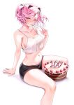  1girl arm_support bare_shoulders bike_shorts black_shorts blush breasts cake camisole collarbone commentary crop_top doki_doki_literature_club english_commentary food hair_intakes highres looking_at_viewer machulanko medium_breasts milestone_celebration natsuki_(doki_doki_literature_club) navel nose_blush one_eye_closed pink_hair see-through_silhouette short_hair shorts simple_background sitting solo stomach strawberry_cake two_side_up utensil_in_mouth white_background white_camisole 